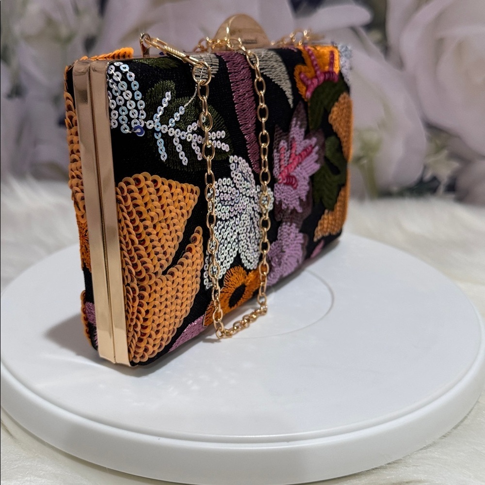 Floral Sequin Clutch with Gold Chain - Picture 9 of 9